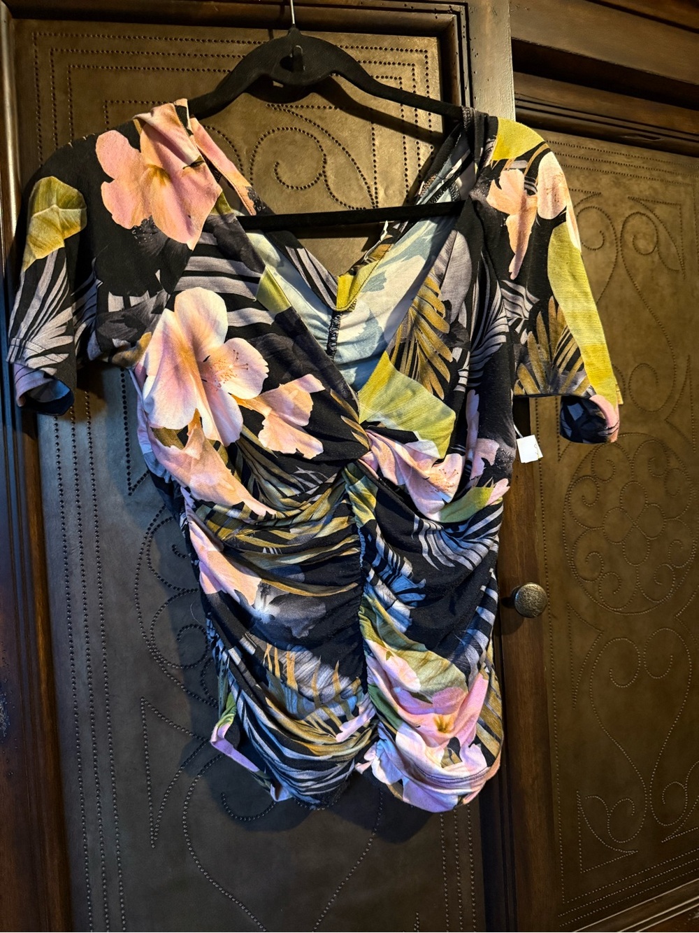 Workshop Republic Clothing Black Floral Ruched V-Neck Top with Pink and Yellow